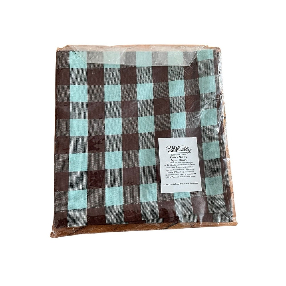 Colonial Williamsburg Check Napkin Aqua Brown 1700 reproduction Americana SET 4‎